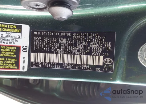 2014 Toyota Corolla Le Plus z USA, uszkodzony, nr VIN 2T1BURHE9EC166385